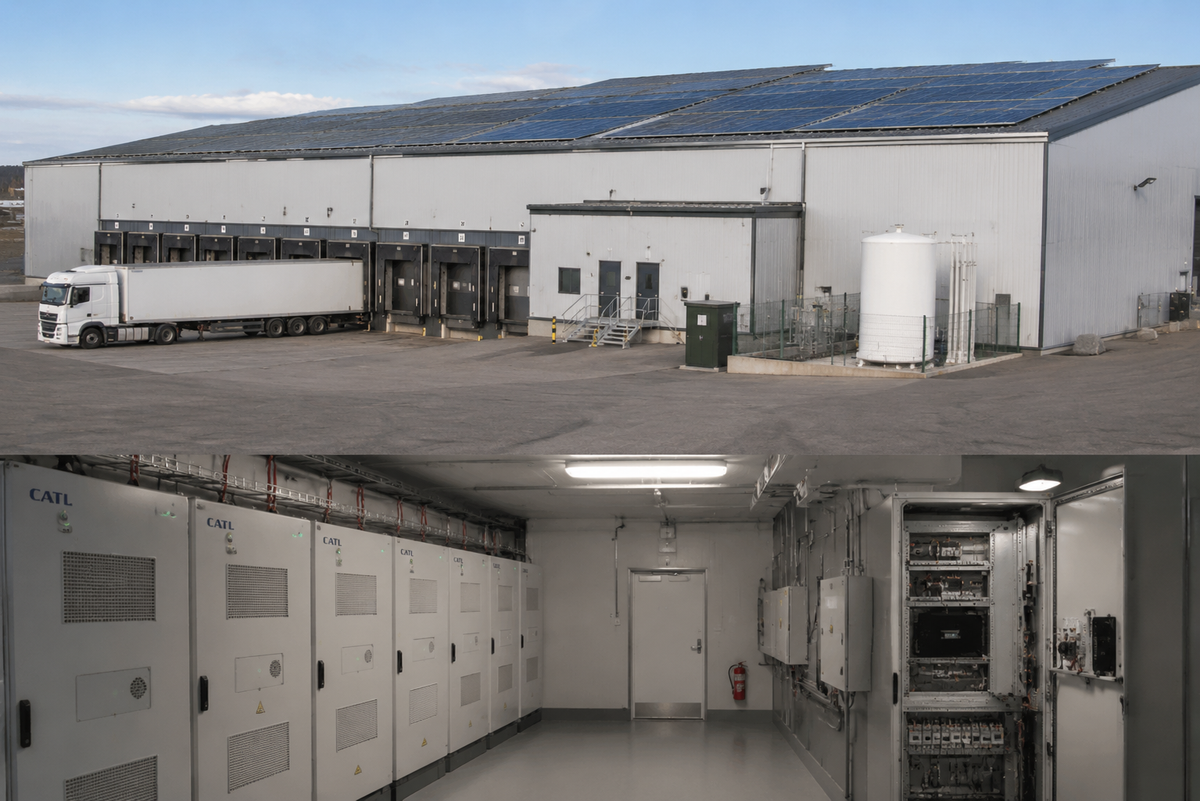 Entrepôt frigorifique avec toiture photovoltaïque et armoire de stockage batterie en local technique