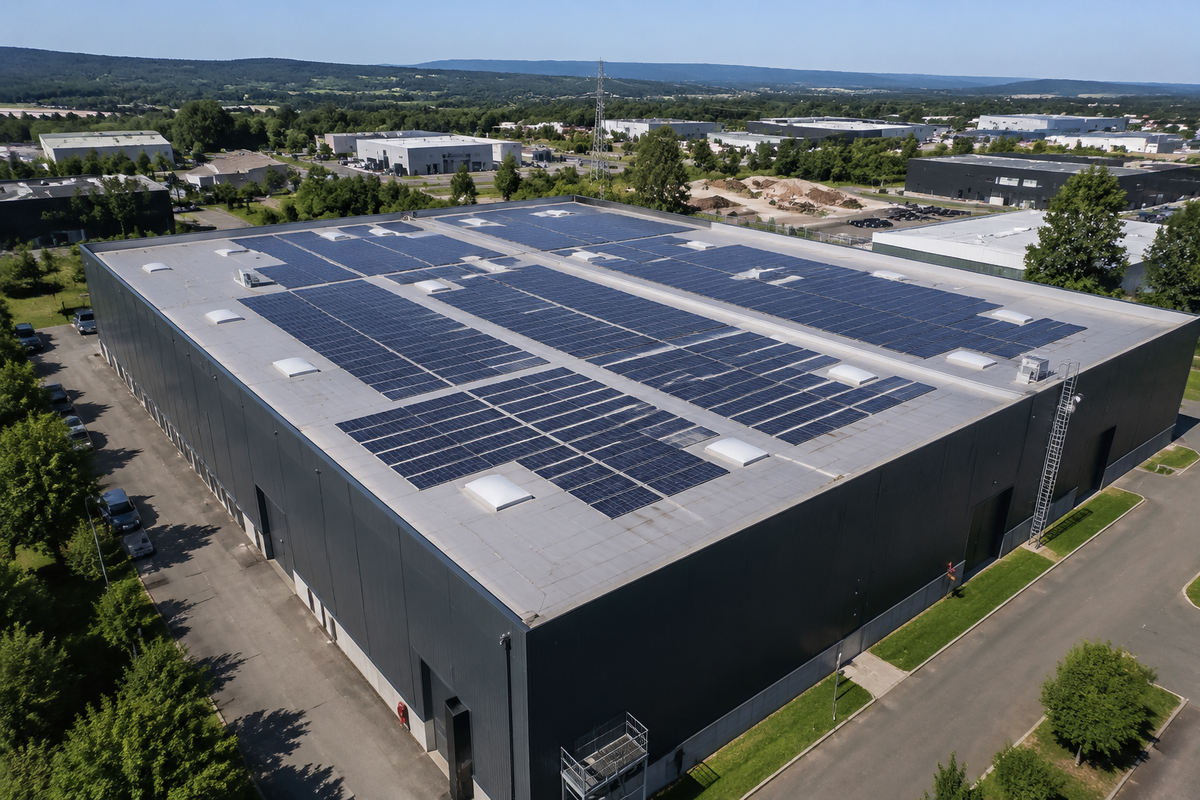 Industrial building roof fitted with solar panels for a company's self-consumption