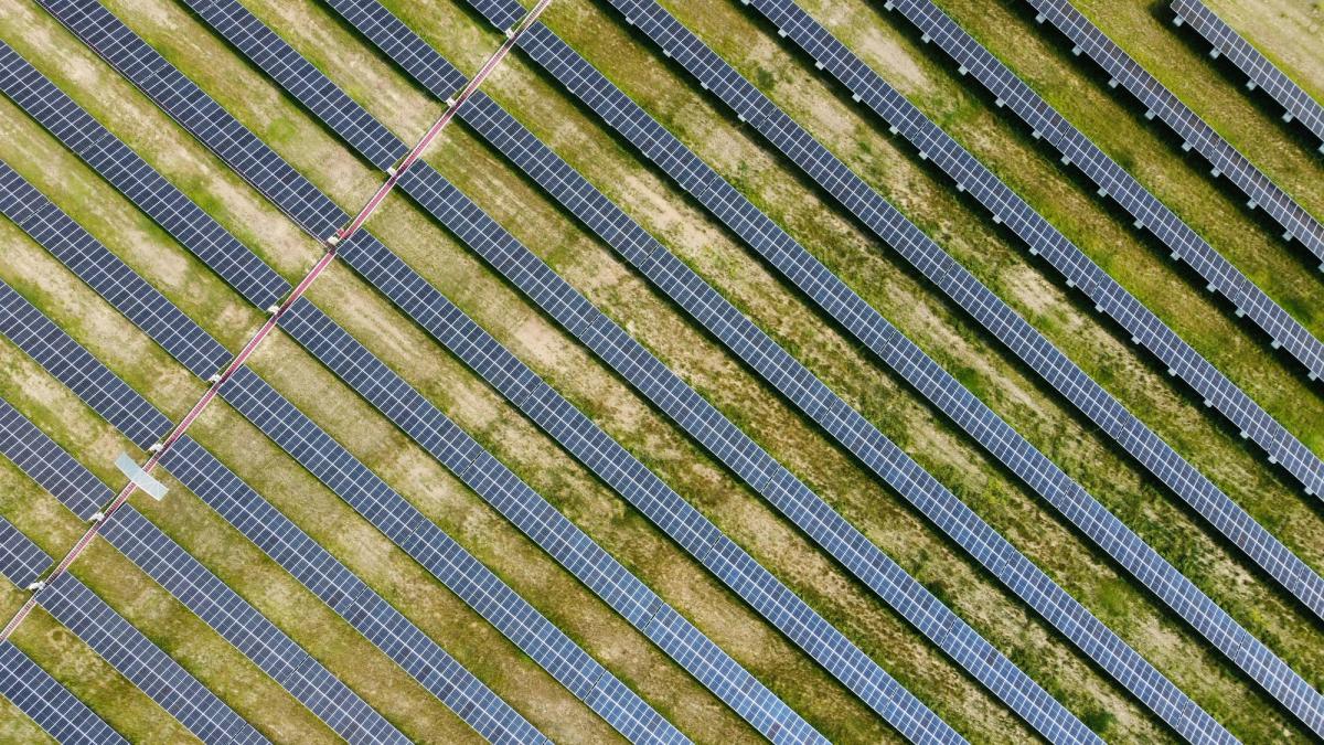 Vue aérienne d'une grande centrale solaire située dans un champ