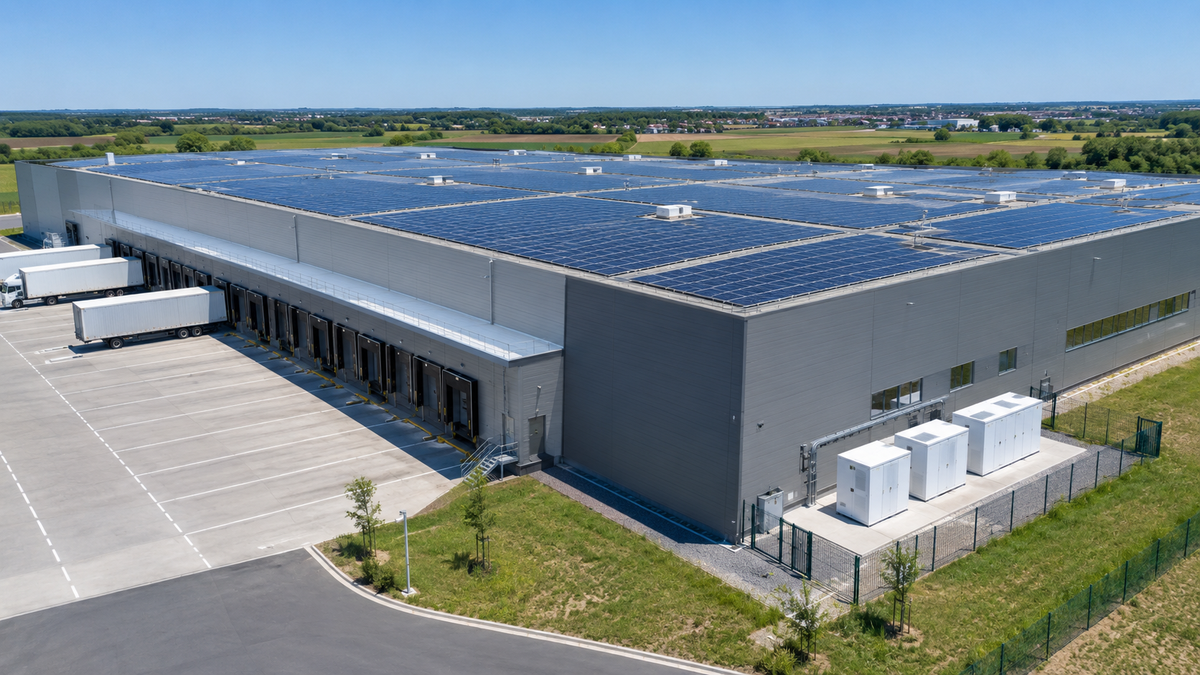 Toiture photovoltaïque d'un entrepôt à midi, heure des prix négatifs de l'électricité, et armoires de stockage BESS
