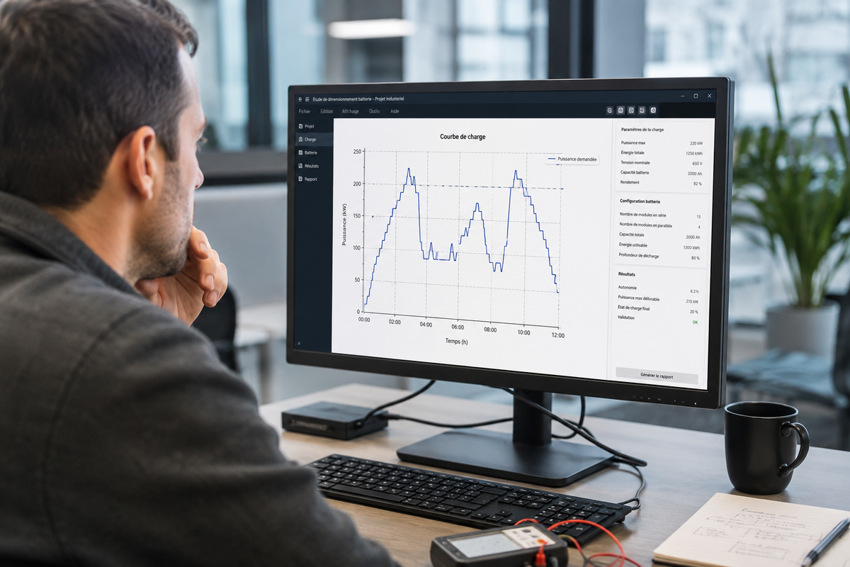 Engineer analyzing a load curve on screen for an industrial battery sizing study