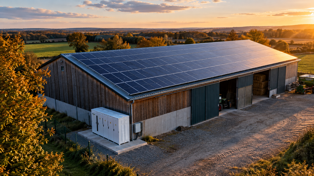 Hangar agricole à toiture photovoltaïque en fin d'obligation d'achat, avec armoire de stockage BESS