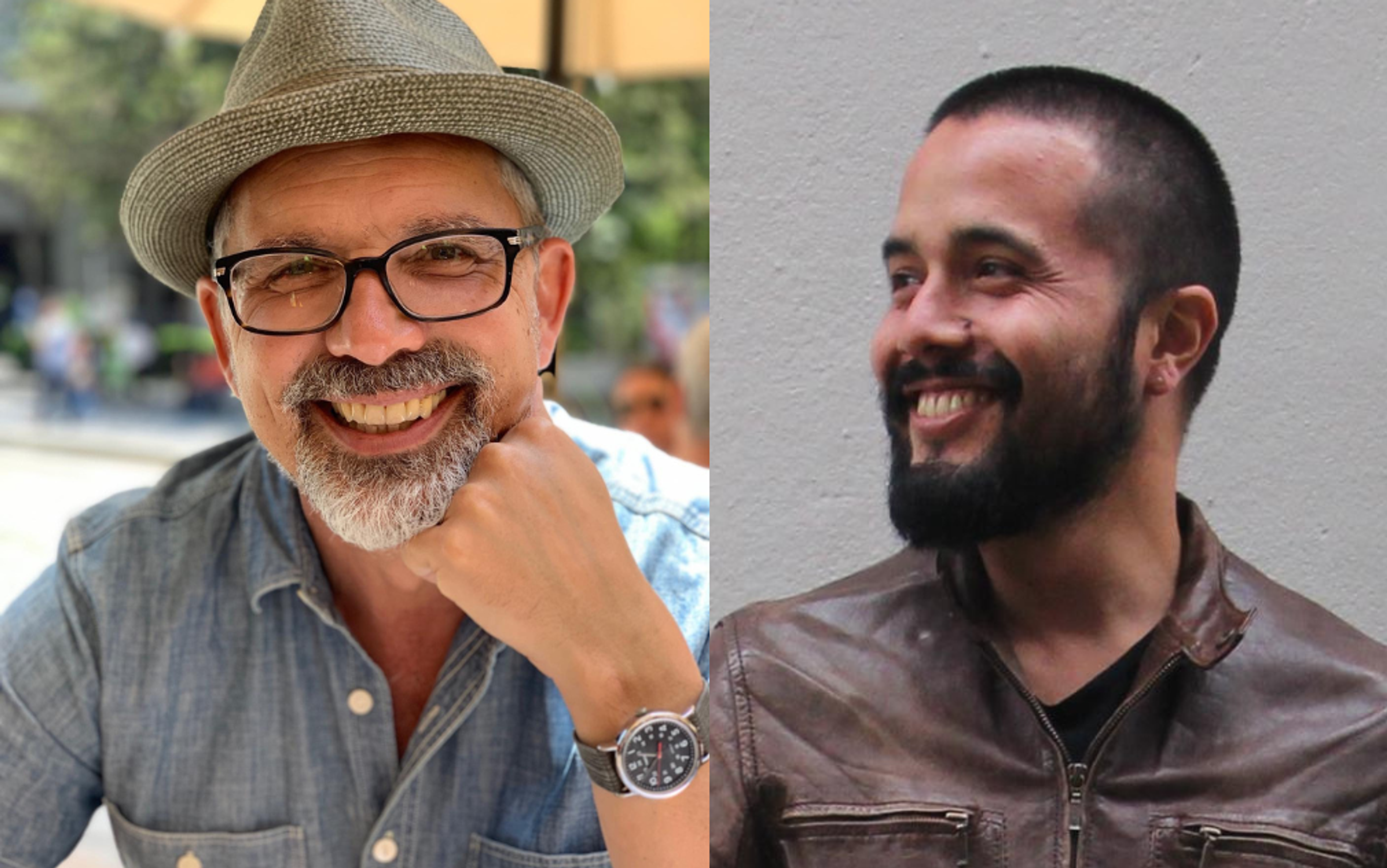 Two Photos side by side. The photo on the left depicts Stephen Dunbcombe. Steve is smiling at the camera while sitting outside. Steve is wearing a straw hat, wearing glasses and has a salt and pepper beard. On the right, Mauricio Delfin is pictured smiling with his head turned towards the side. Mauricio has short black hair, a black beard, and is wearing a brown leather jacket. 