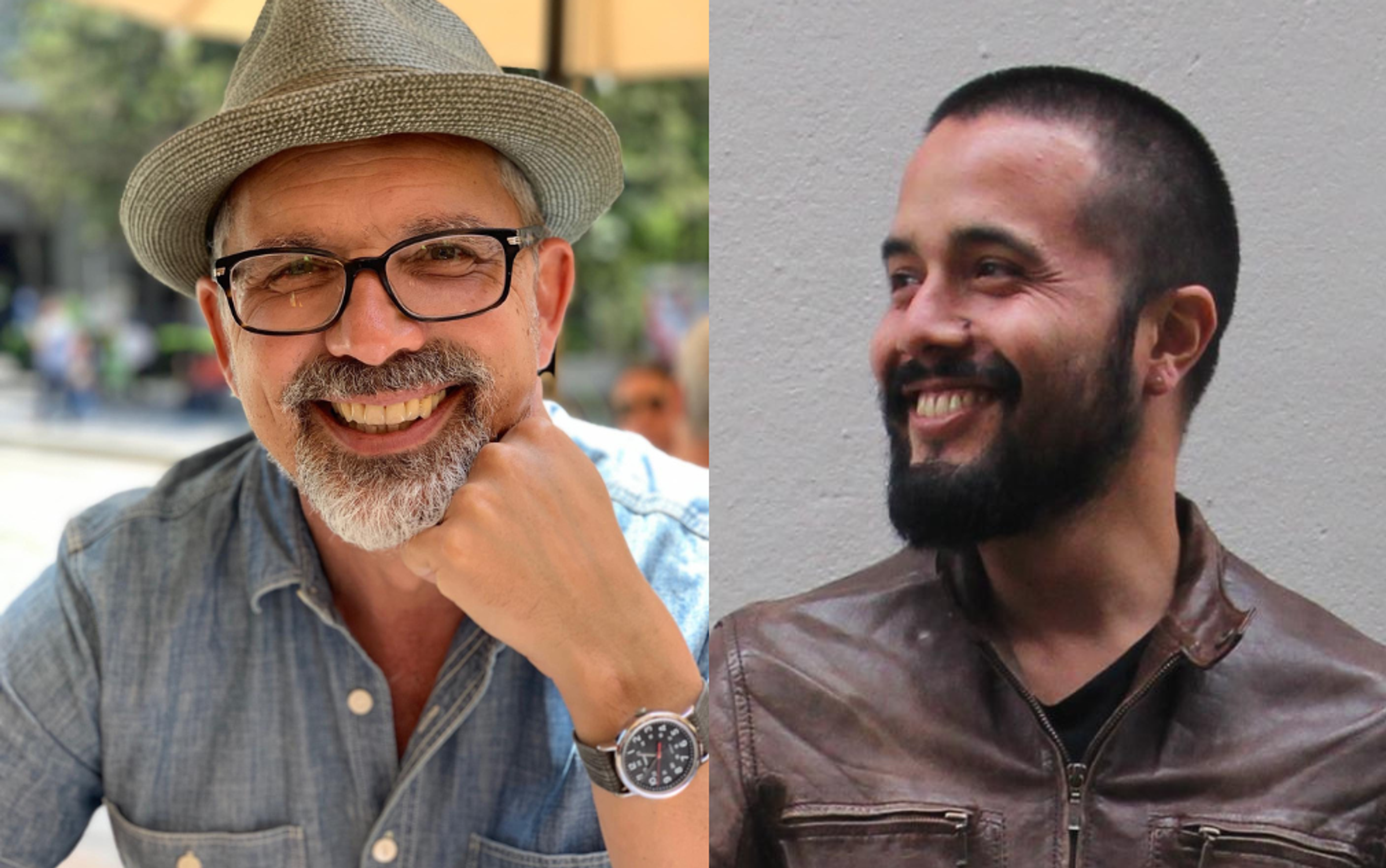 Two Photos side by side. The photo on the left depicts Stephen Dunbcombe. Steve is smiling at the camera while sitting outside. Steve is wearing a straw hat, wearing glasses and has a salt and pepper beard. On the right, Mauricio Delfin is pictured smiling with his head turned towards the side. Mauricio has short black hair, a black beard, and is wearing a brown leather jacket.