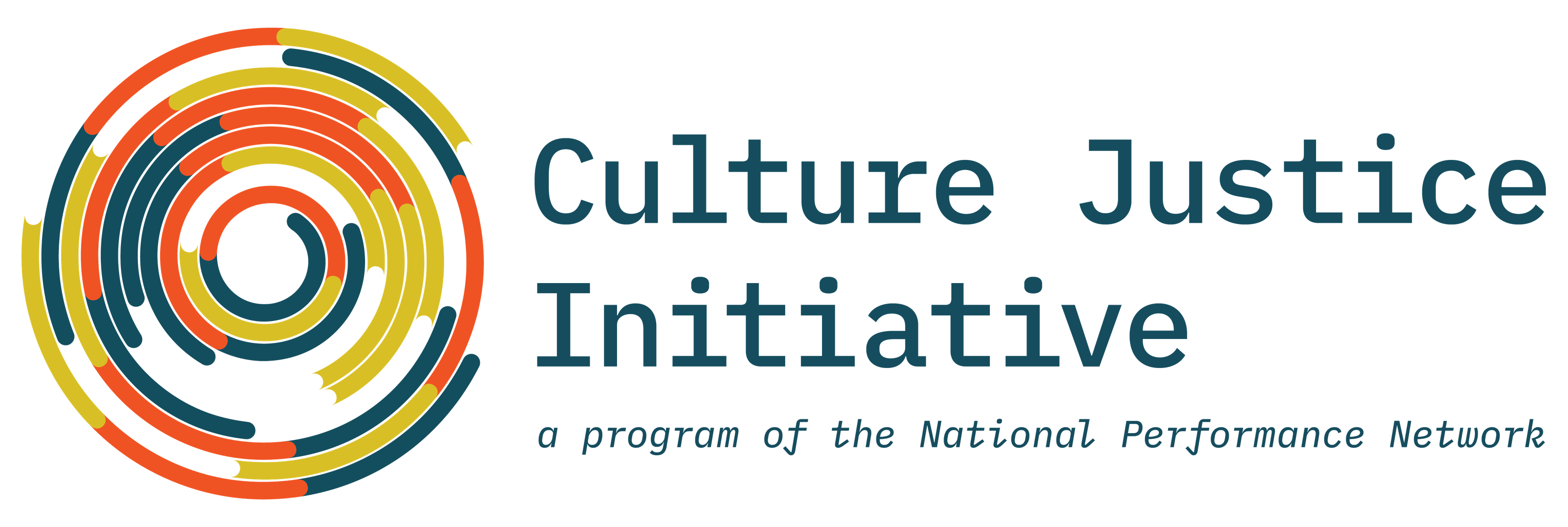 Blue text reads Culture Justice Initiative, a program of the National Performance Network. Above is a circular logo of red, yellow, and blue lines.