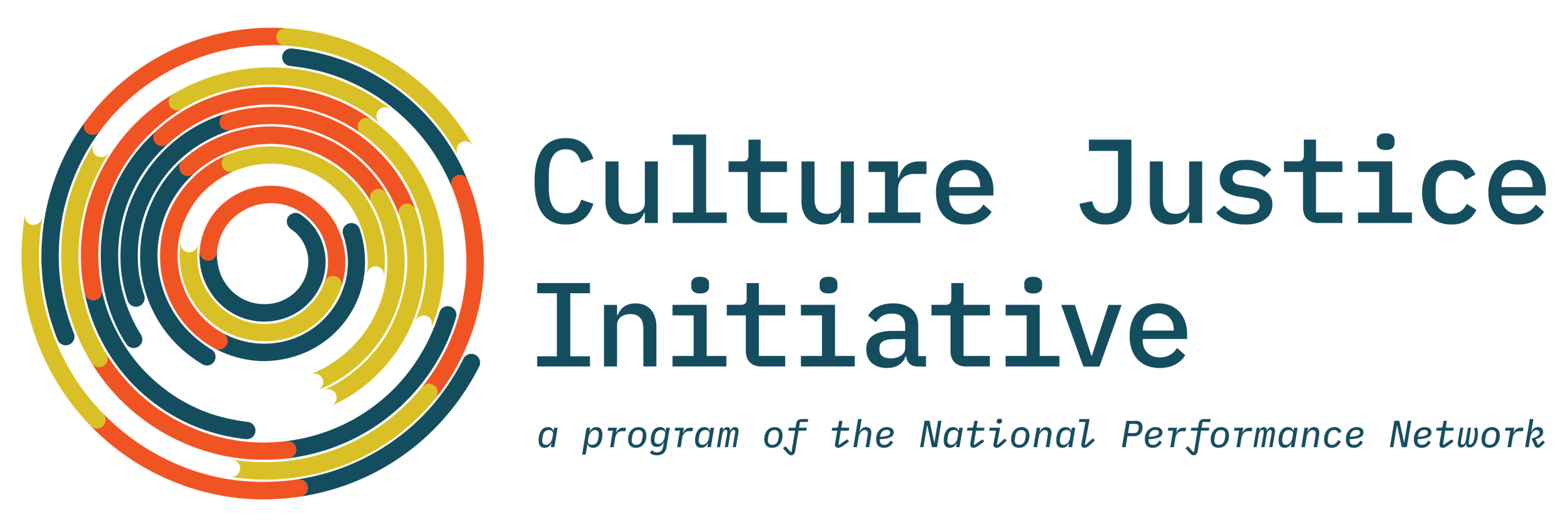 Blue text reads Culture Justice Initiative, a program of the National Performance Network. Above is a circular logo of red, yellow, and blue lines.