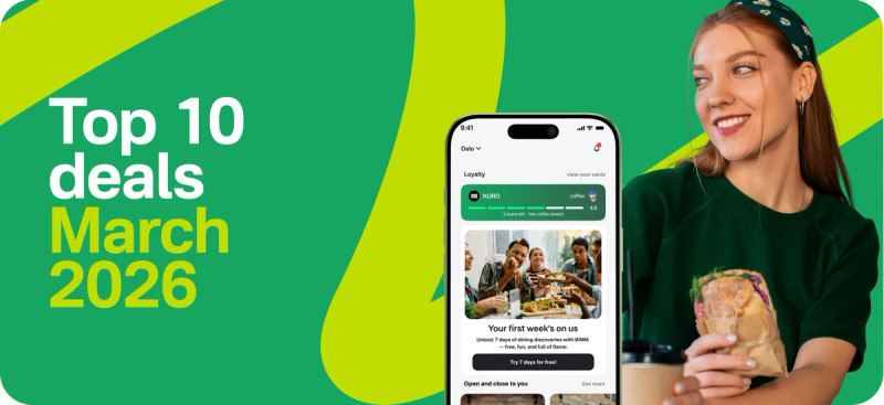 Banner showing the text “Top 10 deals March 2026” next to a smartphone displaying the BIMM app and a smiling woman holding a sandwich and coffee against a green background.