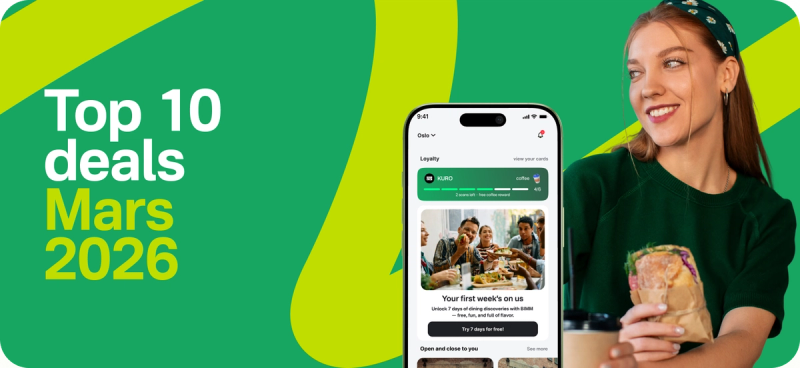 Banner med teksten «Topp 10 deals mars 2026» ved siden av en smarttelefon som viser BIMM-appen og en smilende kvinne som holder en sandwich og kaffe mot en grønn bakgrunn.