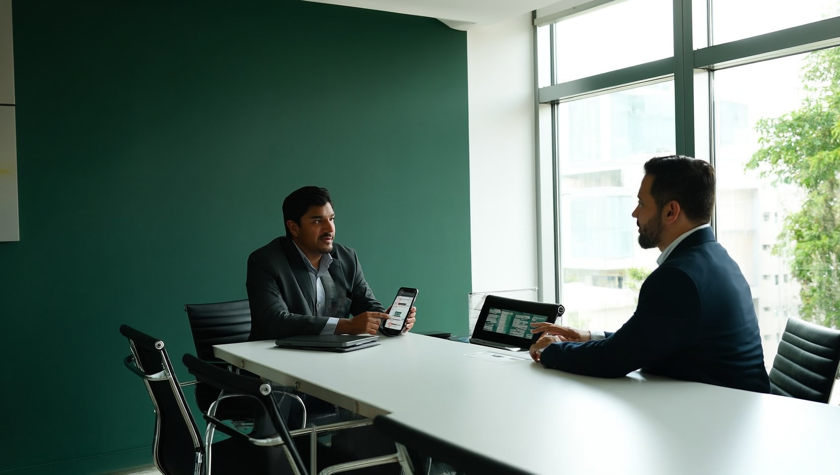 Vendedor mostrando hojas de especificaciones técnicas y un teléfono con catálogo digital a un cliente en una sala de juntas con luz natural