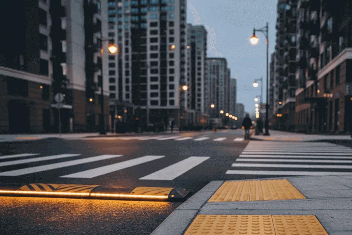 Cruce peatonal de noche con reductor de velocidad iluminado y losetas podotáctiles amarillas en la banqueta