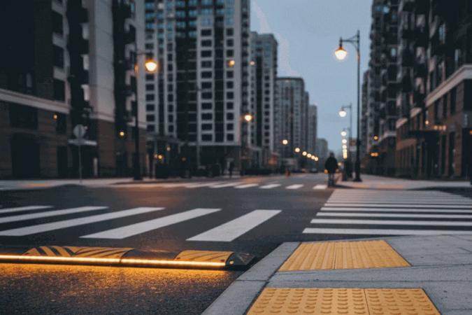 Cruce peatonal de noche con reductor de velocidad iluminado y losetas podotáctiles amarillas en la banqueta