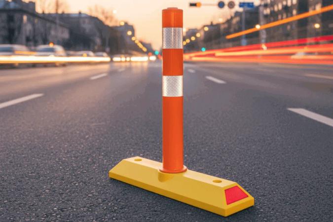 Hito vial naranja con dos bandas reflejantes montado sobre un canalizador amarillo en una avenida al atardecer