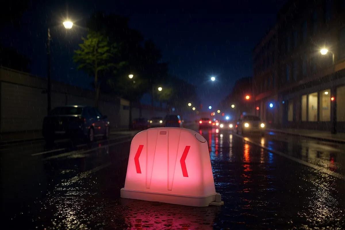 Barrera anidable con luz LED roja encendida sobre una calle mojada de noche, con autos y faros al fondo