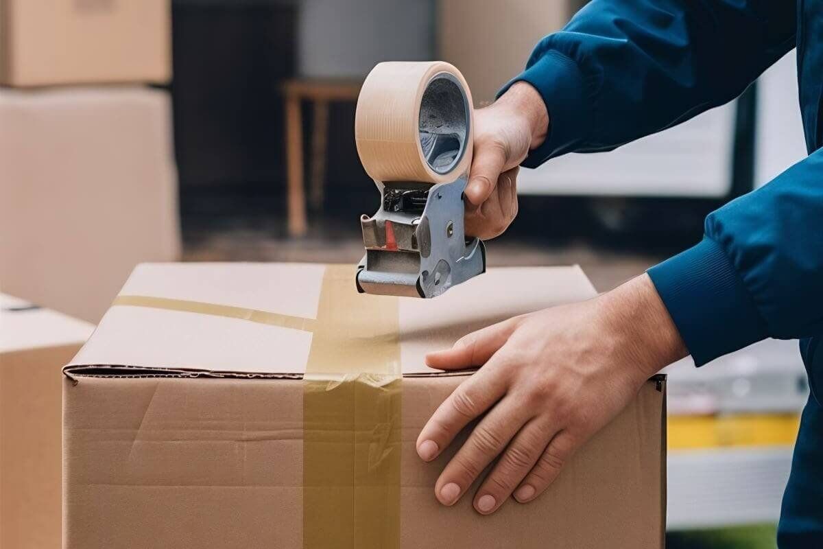 Persona con chamarra azul sella una caja de cartón con una precintadora de cinta canela