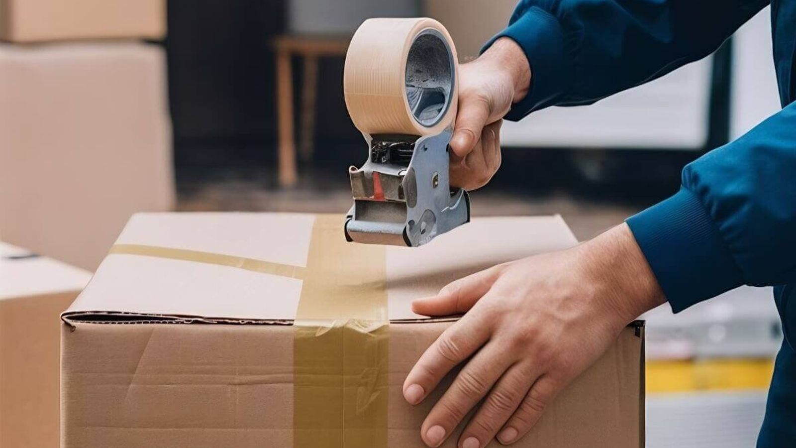 Persona con chamarra azul sella una caja de cartón con una precintadora de cinta canela