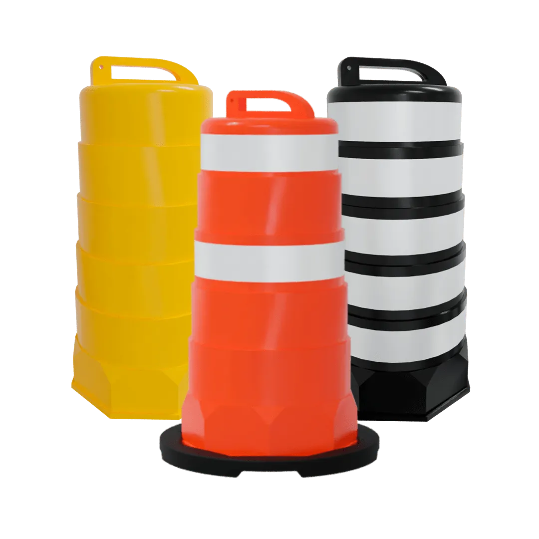 Tres trafitambos Shark sobre fondo negro: amarillo sin bandas, naranja con dos bandas reflejantes y negro con bandas blancas