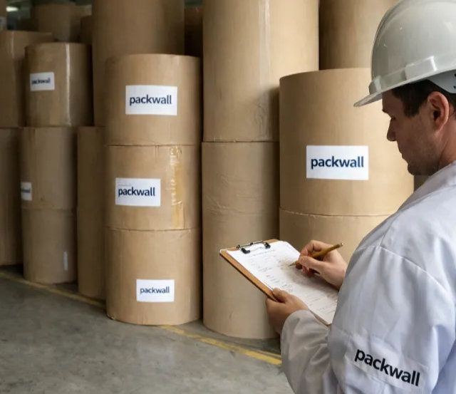 Trabajador con casco y bata blanca anota en una tabla frente a bobinas de papel con etiquetas de Packwall en un almacén
