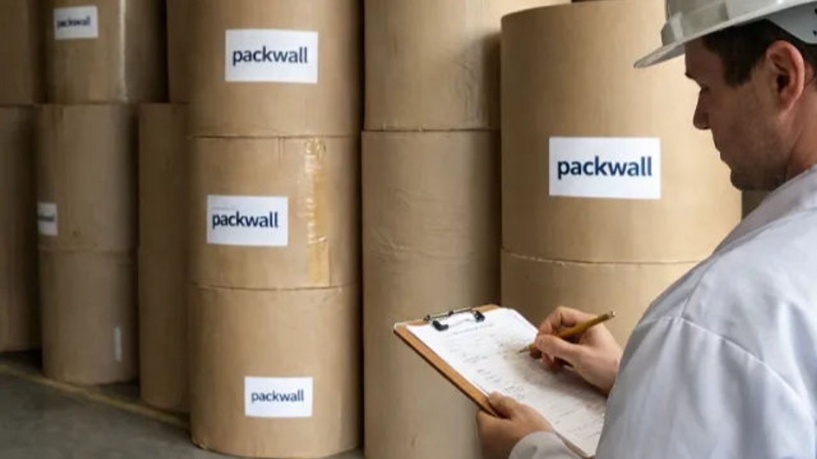 Trabajador con casco y bata blanca anota en una tabla frente a bobinas de papel con etiquetas de Packwall en un almacén