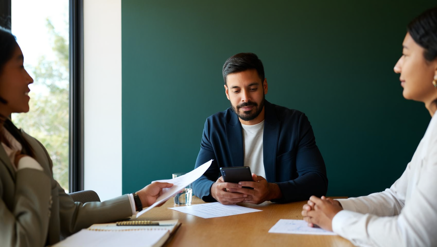 Vendedor revisando una cotización en su smartphone durante una reunión de ventas en una oficina con luz natural y tonos verde oscuro