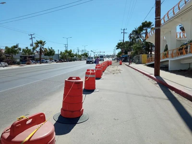 Trafitambos naranjas con base negra y cinta amarilla alineados junto a la banqueta de una avenida con palmeras