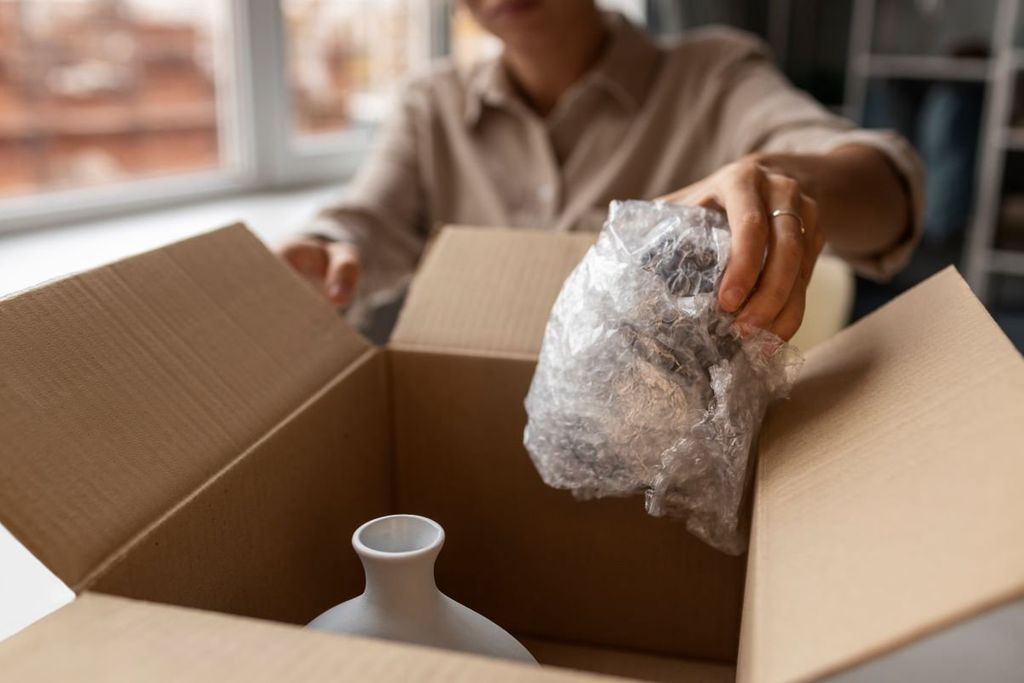 Persona coloca poliburbuja dentro de una caja de cartón abierta con un jarrón blanco