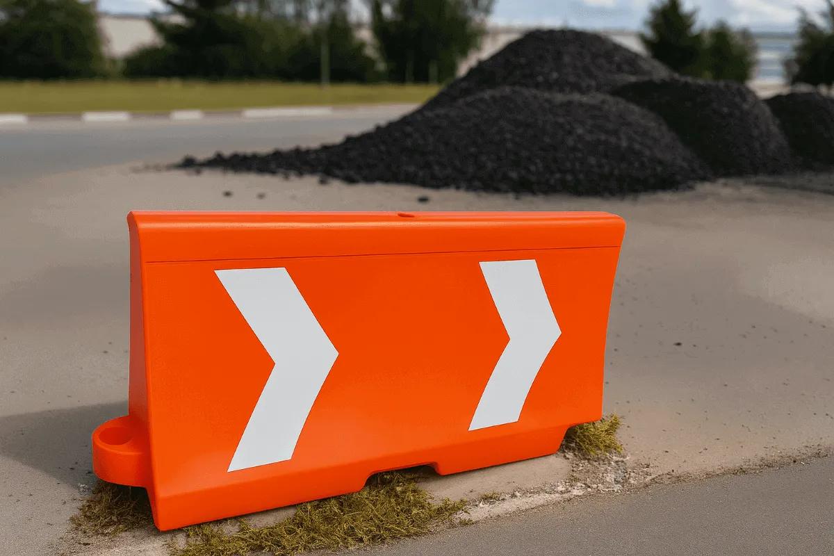 Barrera vial de plástico naranja con chevrons blancos junto a un montón de grava a la orilla del camino