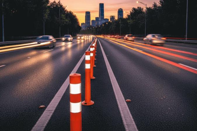 Postes delineadores naranjas con franjas reflejantes blancas dividiendo carriles de una avenida al atardecer