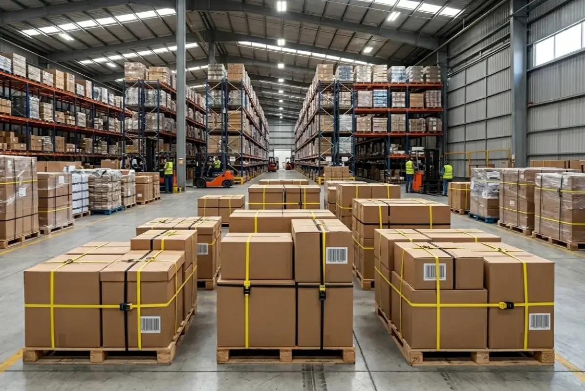 Tarimas de cajas de cartón flejadas con fleje amarillo en el piso de una bodega con racks y montacargas