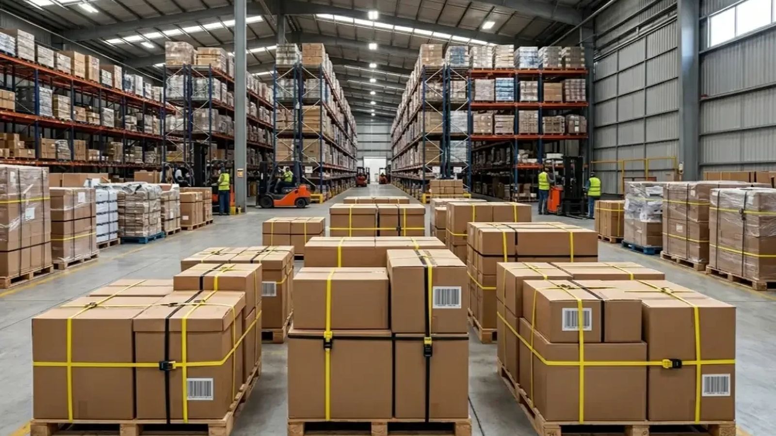 Tarimas de cajas de cartón flejadas con fleje amarillo en el piso de una bodega con racks y montacargas
