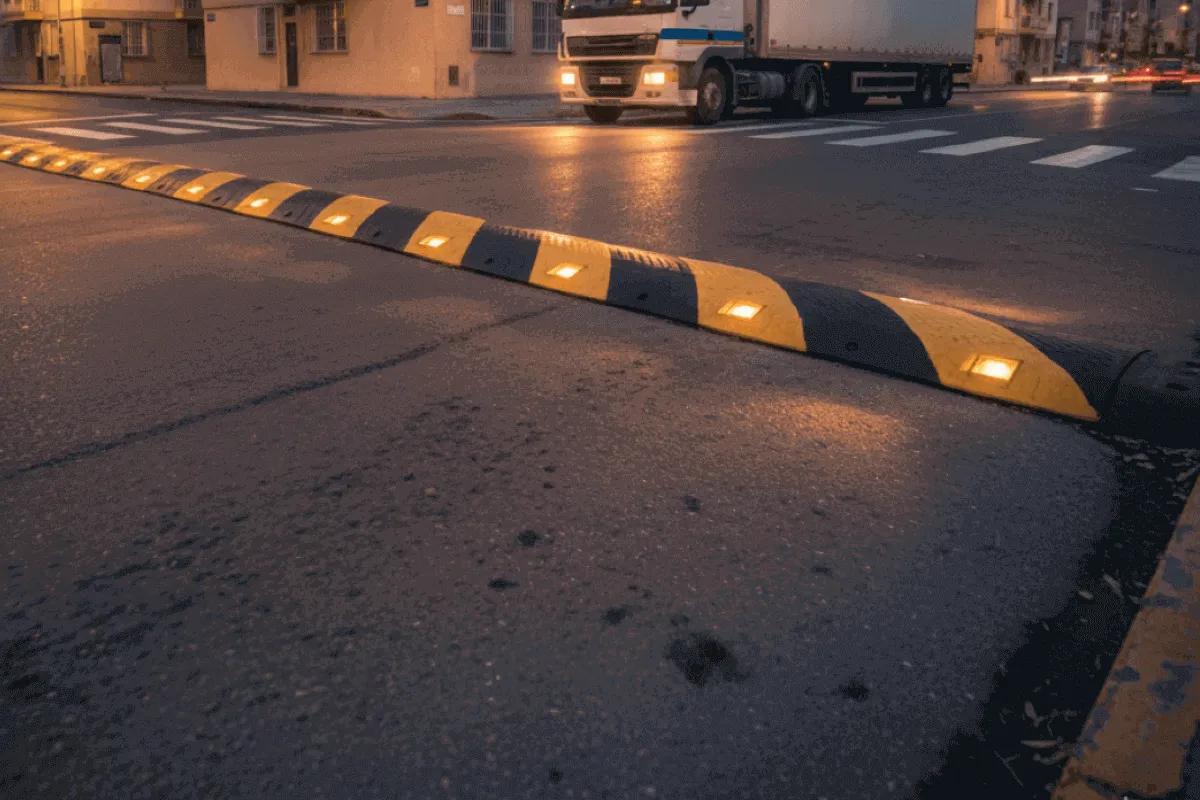 Reductor de velocidad negro y amarillo con luces encendidas cruzando una calle al anochecer