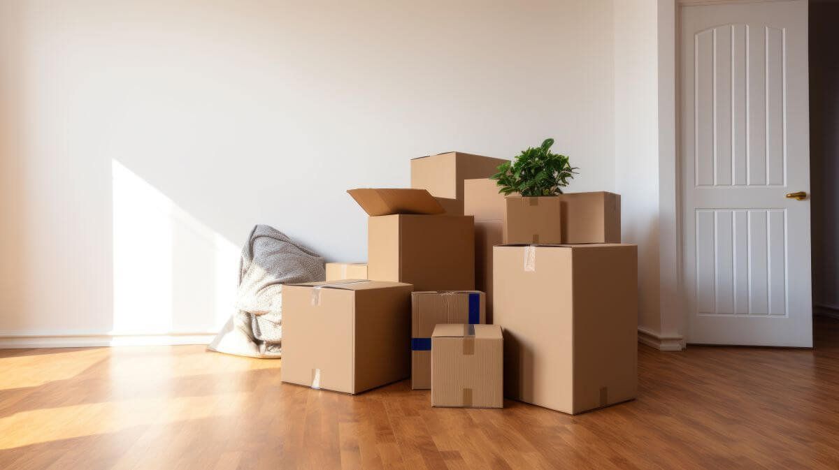 Cajas de cartón de varios tamaños apiladas con una planta encima, en una habitación vacía con piso de madera