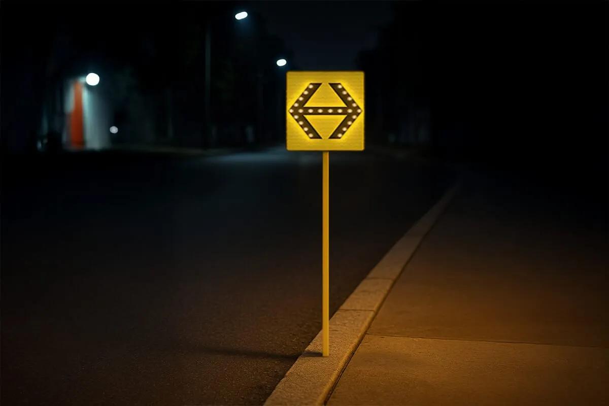 Señal vial cuadrada amarilla con flecha doble iluminada por LED, en poste amarillo junto a la banqueta de noche