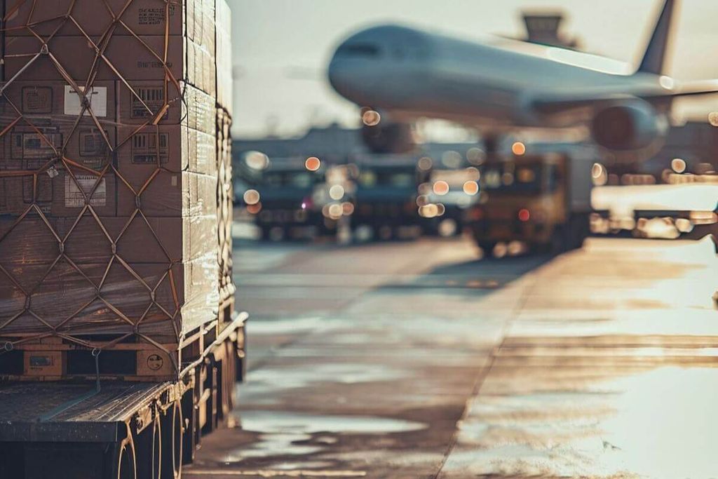 Tarima de cajas emplayada y asegurada con red de carga en la pista de un aeropuerto, con avión al fondo