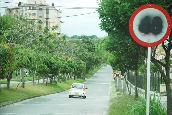 Señal restrictiva redonda tapada con pintura negra junto a una calle arbolada por donde circula un auto blanco
