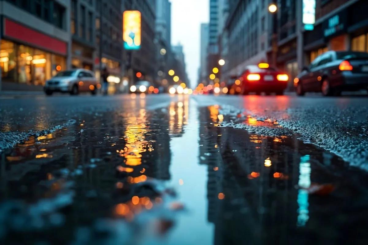 Charco en el asfalto de una avenida mojada al anochecer, con autos y luces de la ciudad reflejados en el agua