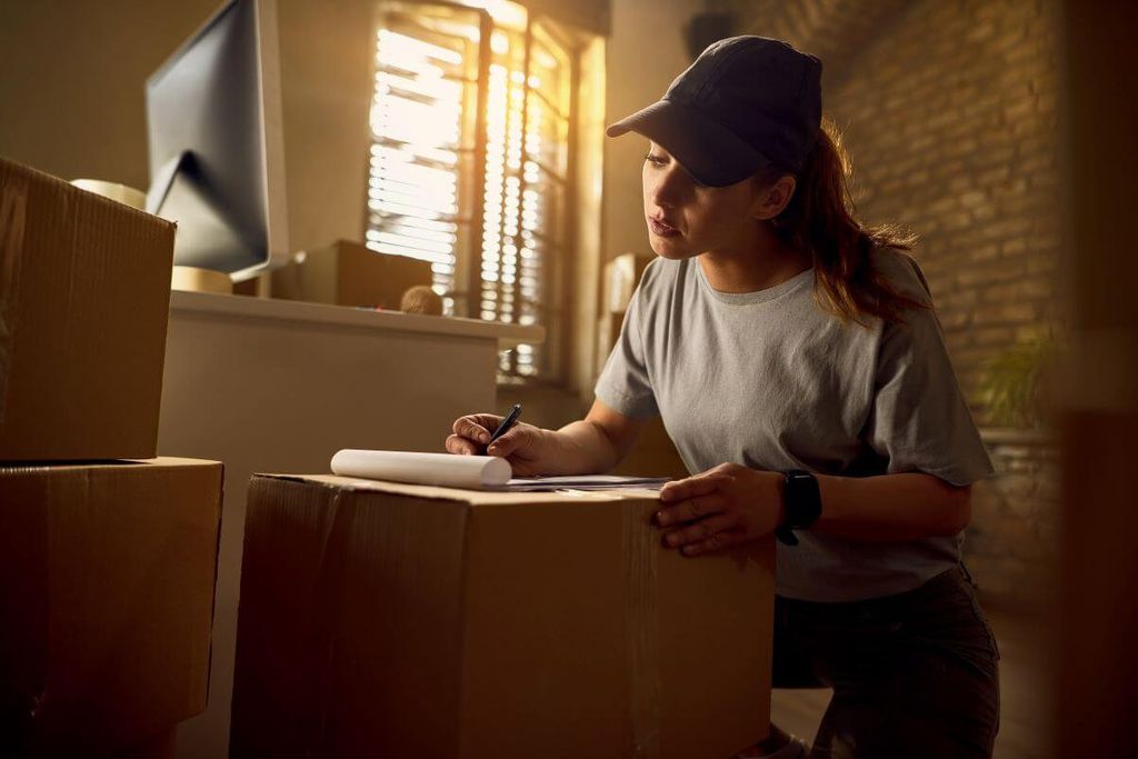 Mujer con gorra escribe en una nota sobre una caja de cartón, rodeada de más cajas en una oficina