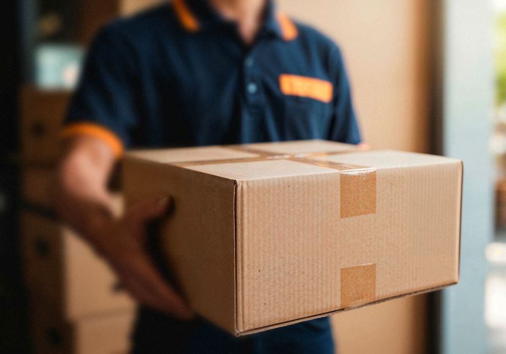 Repartidor con polo azul marino entrega una caja de cartón sellada con cinta kraft en forma de H