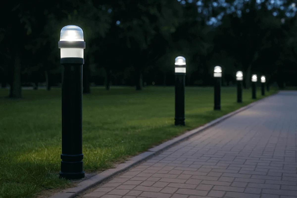Bolardos negros con luz LED encendida a un lado de un andador de adoquín en un parque con pasto al anochecer