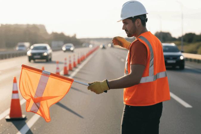 Banderero con casco blanco y chaleco naranja extiende un banderín naranja en una carretera con conos y autos