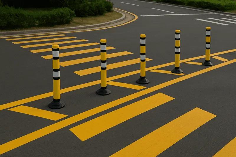 Hitos viales amarillos con bandas reflejantes sobre bases negras a lo largo de una línea amarilla junto a un paso peatonal