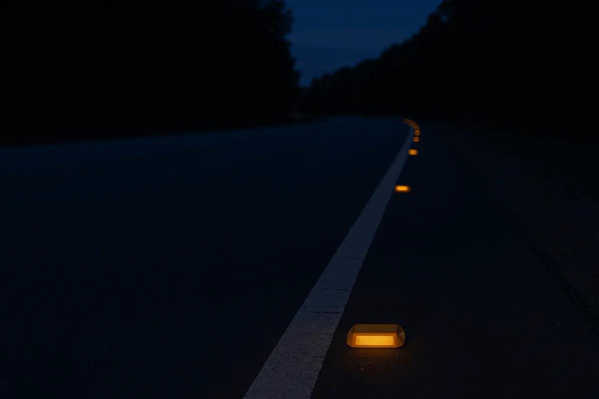 Vialetas ámbar que reflejan luz junto a la línea blanca de orilla en una carretera de noche