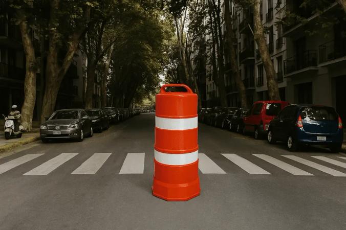 Trafitambo Shark naranja con dos bandas reflejantes blancas sobre un paso de cebra en una calle arbolada