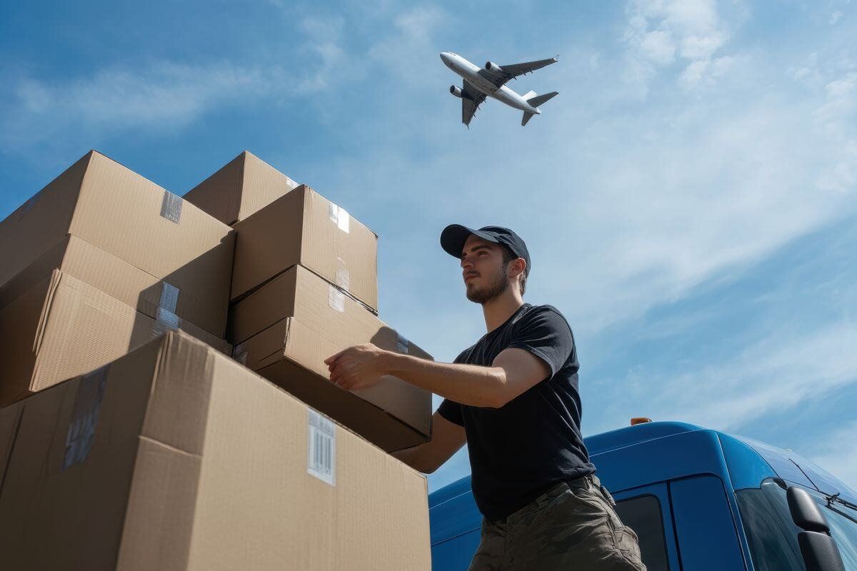 Joven con gorra apila cajas de cartón junto a una camioneta azul mientras un avión cruza el cielo