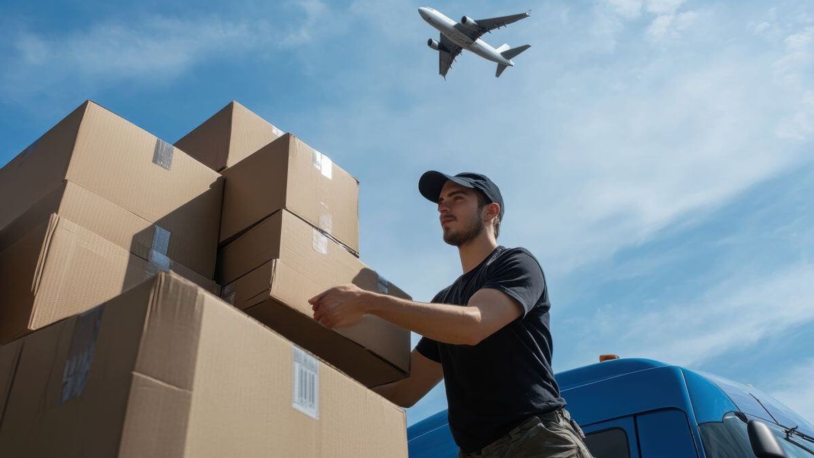 Joven con gorra apila cajas de cartón junto a una camioneta azul mientras un avión cruza el cielo