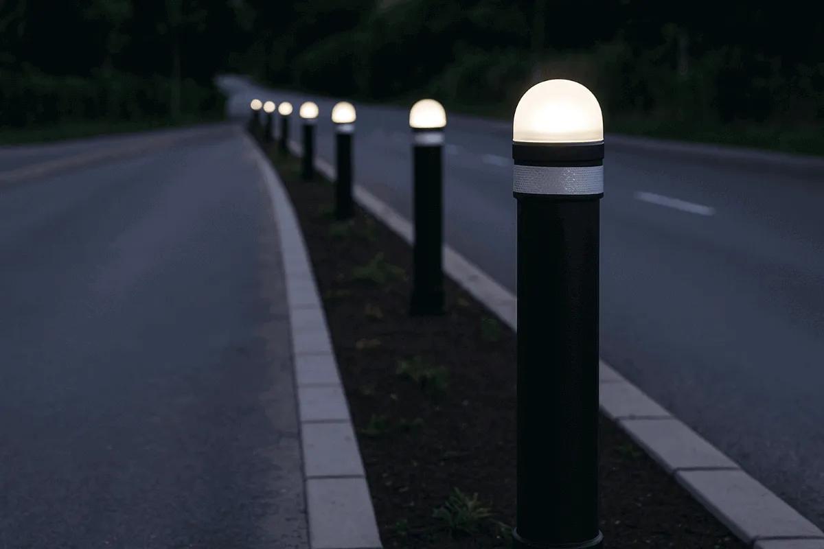 Bolardos con cúpula de luz LED y franja reflejante sobre el camellón de una carretera de noche