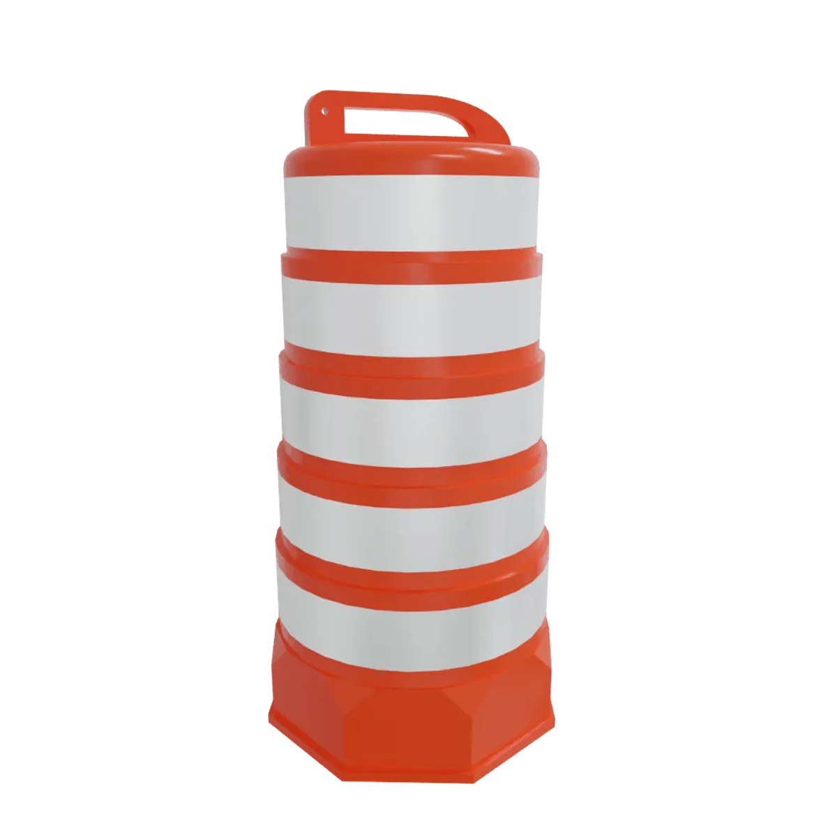 Render de un trafitambo naranja con cinco bandas reflejantes blancas y asa superior, sobre fondo negro
