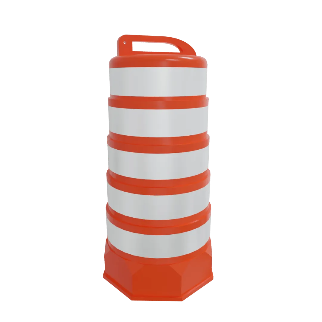 Render de un trafitambo naranja con cinco bandas reflejantes blancas y asa superior, sobre fondo negro