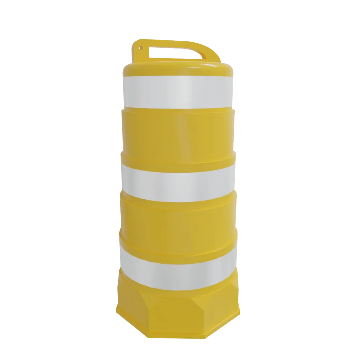 Render de un trafitambo amarillo con tres bandas reflejantes blancas y asa superior sobre fondo negro