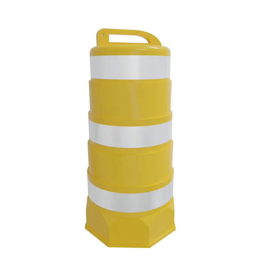 Render de un trafitambo amarillo con tres bandas reflejantes blancas y asa superior sobre fondo negro