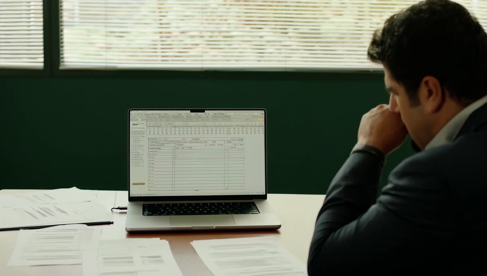 Vendedor en escritorio de oficina mirando una laptop con múltiples archivos abiertos y documentos impresos esparcidos, iluminación natural de ventana con persianas, tono verde oscuro y neutro